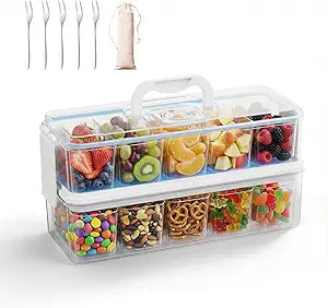 Double-Layer Portable Snack Organizer Box with 2 Ice Packs, 10-Compartment Food Storage Container, Dishwasher-Safe Chilled Snack Tray for Travel, Picnics & Outdoor Parties