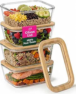 4-Pack Glass Food Storage Containers with Clear-Top Bamboo Lids  Plastic Free 46.7 Oz Glass Meal Prep Containers for Lunch, Eco Friendly Airtight Food Storage, Microwave & Freezer Safe