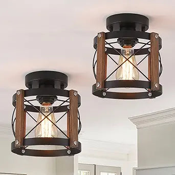 2 Pack Rustic Farmhouse Wood Flush Mount Ceiling Light Fixture Oak Wood and Metal Round Cage Small Semi Flush Mount Ceiling Light for Kitchen Entry Bedroom Country Hallway Farmhouse, Black