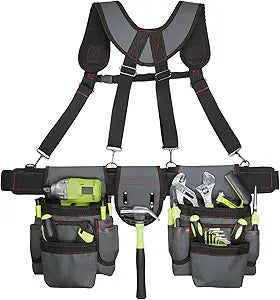 Tool Belt for Men, 32 to 66 Inches Adjustable Waist, Tool Belt with Suspenders for Electricians, Carpenters, Construction Workers and Gardeners, Grey and Red
