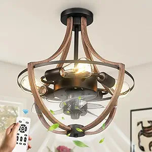 16.5" Flush Mount Ceiling Fan with Light and Remote, Low Profile Caged Fandelier, Quiet 6-Speed Reversible Motor, Small Farmhouse Ceiling Fan for Bedroom, Dining Room