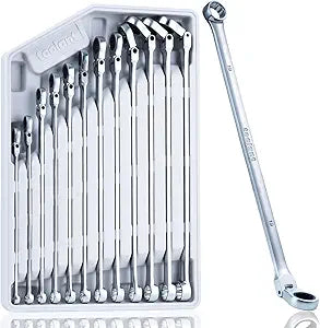 toolant 12PCS Extra Long Ratcheting Wrench Set, Gift for Men, Flex Head & Fixed Offset Head Double Box End Combination Wrench Set, CR-V Steel, Metric 8-19mm, with Storage Tray