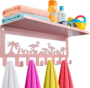 Pool Towel Rack Outdoor with Hooks - 15.7" x 5.3" Flamingo Towel Holder with Shelf 8 Hooks for Outside, Towels Drying Storage and Organization, Hot Tub Accessories Beach Poolside Bathroom Decor, Pink