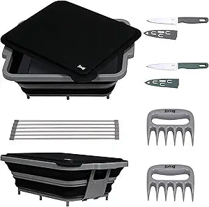 Feasto Collapsible BBQ Prep Tubs with Cutting Board, 9-IN-1, 2 Tubs Portable Grill Prep Station with Side Brackets, Lids, Knives, Meat Claws and Drain Rack, Space-Saving for Kitchen & Camping, Black