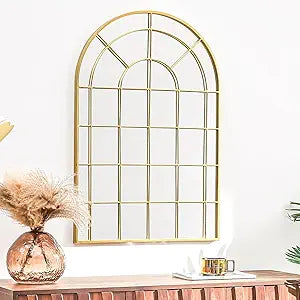 PERHOM 36"x24" Window Mirrors, Gold Arched Mirror for Wall Decor, Farmhouse Decorative Mirror for Living Room, Entryway, Fireplace