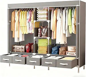 Portable Fabric Closet with 5 Drawers, 72.8x17.7x67.7 Inch Sturdy Clothing Storage Organizer with Hanging Rod, Non-Woven Wardrobe for Bedroom Dorm Apartment (Gray)