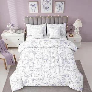 Purple Bowknots 7Pcs Comforter Set Full Size,Cartoon Hand Drawn Stars Love Bow Bedding Set,Kawaii Princess Style Fitted Flat Sheet for Kids Girls Women Teens Room Decor,Romantic 4 Pillow Covers