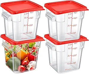 Maxcheck 4 Pcs 4qt Food Storage Container with Lids Bulk Clear Plastic Commercial Food Storage Bins with Scale Handle Space Saving Restaurant Tubs for Kitchen Prep Proof Dough(Red)