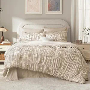 Andency Ruched Queen Comforter Set Beige, 7 Pieces Ruffle Bed in a Bag, Shabby Chic Pleat Bedding Set with Comforter, Sheets, Pillowcase & Sham, Lightweight, Soft, All Season