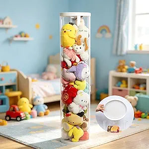 Stuffed Animal Storage Tube  35.4" Tall Transparent Organizer with Zipper Lid Large Clear Plastic Keeper for Plush Toys Dolls & Room Organization Space-Saving Vertical Storage