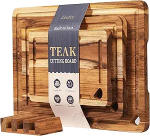 Teak Wood Cutting Board Set of 3 for Kitchen, Knife-Friendly Chopping Boards with Juice Grooves & Storage Stand, Heavy Duty Wooden Boards for Meat, Fruit & Cheese, Ideal Housewarming Gift