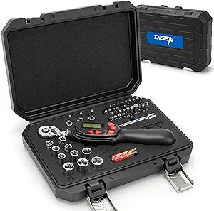DISEN 1/4 inch Digital Torque Wrench Set with 13pcs Sockets & Extension Bar, 5-25 N.m / 3.7-18.4 Ft.lb, 2% Accuracy, 3 Modes (Track/Peak/Pre), 5 Units, LED & Buzzer, for Auto Motorcycle Bike DIY