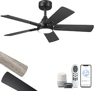 YOUKAIN Ceiling Fans with Lights, 42 Inch Black Ceiling Fans, Smart Ceiling Fan Works with Voice Control & Remote Control, Reversible Blades, Modern Led Ceiling Fan for Bedroom, 42-YJ812-BK
