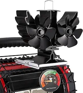 XTIMES 12 Blade Wood Stove Fan Dual Motor Heat Powered Fireplace Fan with Magnetic Thermometer Thermoelectric Fan for Wood Burning Stove/Pellet/Log Burner (Black)