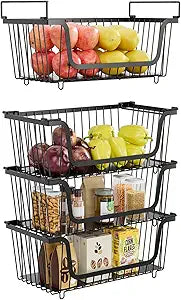 4 Pcs Stackable Wire Baskets for Pantry Organizers and Storage, Black