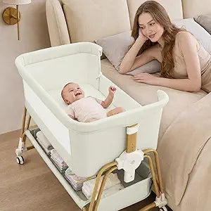 suihuooo 4-in-1 Baby Bassinet, Portable Bassinet Bedside Sleeper with Wheels and Storage Basket, 7 Height Adjustable Breathable Mesh Rocking Bassinet with Mosquito Net for Newborn-White