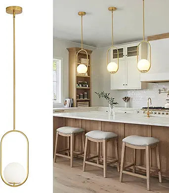 Yunnix Pendant Lights Kitchen Island, Pendant Light Fixtures, Modern Gold Globe Glass Pendant Lighting, Brass Mid Century Chandelier One Light for Bathroom Bedroom Dining Room(Bulb Not Included)