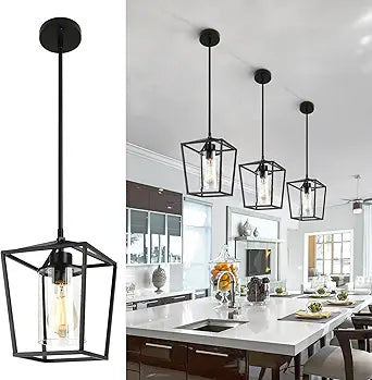 Black Pendant Lights Kitchen Island, 1-Light Farmhouse Kitchen Pendant Lighting Over Island, Metal Cage Island Hanging Lights for Kitchen, Dining Room, Entryway, Hallway, Foyer