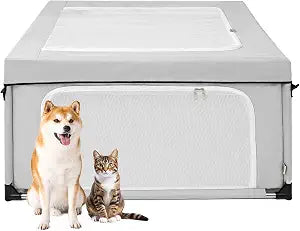 EHEYCIGA 42x42x26 Inches Puppy Playpen with Top Cover for Dogs & Cats Indoor or Outdoor - Dog Playpen with Door, Dog Fence for Small Animal with Heavy-Duty Oxford & Steel Frame, Sliver Grey