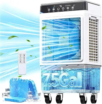 Portable Swamp Cooler Air Conditioner, 4-in-1 Evaporative Air Cooler with 7.5-Gal Tank for 30H Cooling, Dry-Burn Protection, Remote, 12H Timer, 4 Ice Packs, 120┬░ Oscillation for Home Office Garage