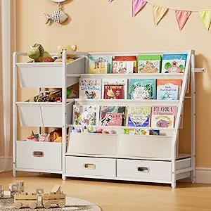 HAVLOTII Kids Bookshelf and Toy Storage - Book Shelf for Kids Rooms, Toddler Bookshelves Baby Bookcase for Nursery, Montessori Toy Organizer, 6 Toy Bins for Kids Toy Storage