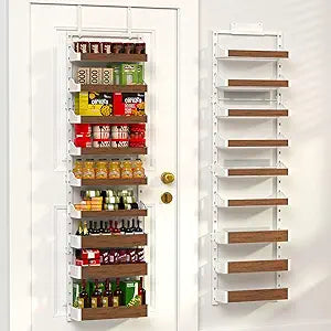 Over the Door Pantry Organizer: Pantry Organization and Storage with Hanging Basket - 9-Tier Metal Spice Rack Adjustable Shelves for Kitchen Bedroom Bathroom & Laundry Room White