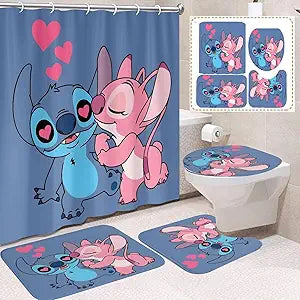 Cute Sitch Shower Curtain Set 4 Piece with Non-Slip Rugs, Toilet Lid Cover and Bath Mat Cartoon Bathroom Decor 72 x 72inch (Stitch 002)
