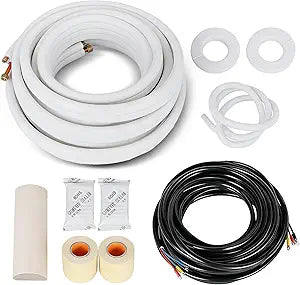 waltyotur 50 Foot Mini Split Line Set, Air Conditioning Copper Tubing Pipe Extension, 1/4 and 1/2 Inch Outer Diameter Double Copper Pipe Air Conditioning Refrigeration Connection Tube with Fittings