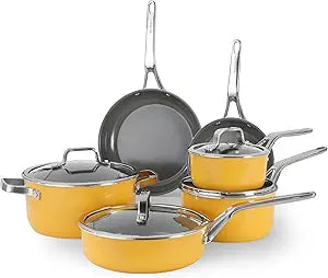 Ceramic Nonstick 10pc Cookware Pots and Pans Set,PFAS & PFOA Free, Dishwasher &Oven Safe, All Stovetop Compatibleelectric,gas,induction), Tempered Glass Lids, Stay-Cool Handles for even heat.