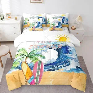Erosebridal Surfboard King Comforter Set with Sheets,Surf Surfing Surfer Bedding Set 7 Piece for Kids Girls Boys,Blue Ocean Waves Bed Set Coastal Beach Bed in a Bag with Fitted Sheet+Flat Sheet