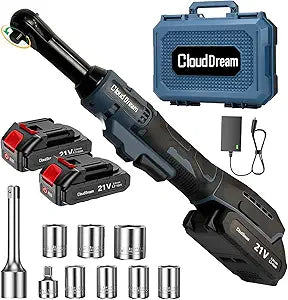 CloudDream 3/8" Cordless Electric Ratchet Wrench,45Ft-lbs(60N.m) Extended Ratchet Set with 2x 2.0Ah Batteries, Variable Speed Power Driver, 6 Sockets, 1/4" Adaptor & 3" Extension Bar for Auto Repair