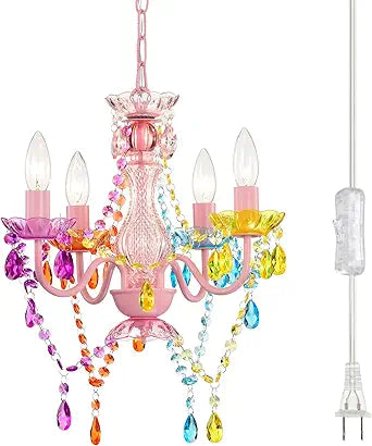 Alighting Plug in Chandeliers, 4-Light Multicolor Small Acrylic Crystal Hanging Ceiling Lamp with 20ft Cord, No Hardwire, Multicolor Chandeliers for Dining Room, Girls' Bedroom, Nursery or Kitchen