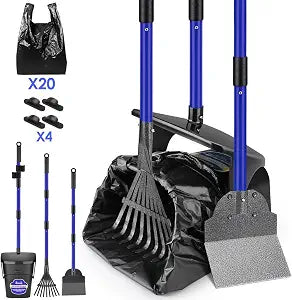 Lukovee Dog Pooper Scooper, 37.4" Long Adjustable Metal Handle Swivel Bin & Rake & Spade Kit with 20 Poop Bags, Portable Dog Non-Breakable Poop Scooper for Gravel Yard Lawn Grass, Blue