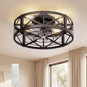 Caged Ceiling Fan with Light and Remote, 20" Low Profile Flush Mount Ceiling Fans with Light, 6 Speed, Timing, Reversible DC Motor, Small Farmhouse Fan Lights for Bedroon Kitchen Living Dining Room