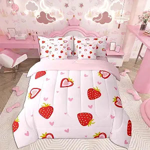 Feelyou Strawberry Full Comforter Set with Sheets for Kids Boys Girls
