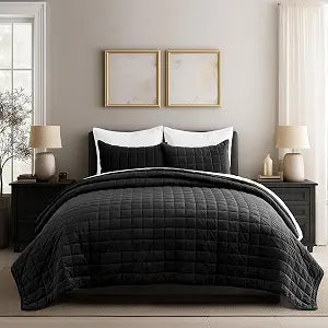 EverGrace Pearl Velvet Quilt King Size Bedding Sets, Luxurious Soft Velvet Comforter Set, Lightweight Box Stitching Oversized Bedspread Coverlet for All Season, with 2 Shams, Black