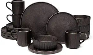 OTAGO 16-Piece Dinnerware Set for 4 with Mugs, Ribbed Stoneware Plates and Bowls Sets, Chip and Scratch Resistant Ceramic Dish Set for Kitchen, Matte Reactive Black, Microwave & Dishwasher Safe
