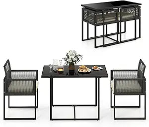 HAPPYGRILL 3 Pieces Patio Dining Table Set, Outdoor Rectangular Dining Table & 2 PE Rattan Chairs w/Tempered Glass Tabletop, Foldable Backrests, Space-Saving Dining Set for Backyard, Poolside, Garden