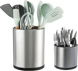 LIBODOUR Kitchen Utensil Holder Extra Large Rotating For Counter Organizer Stainless Steel Storage Cooking Silverware Caddy 3 Compartment Flatware Spoon Spatula Tool Cutlery Container2 Set Silvery