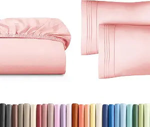 Queen Size Fitted Bed Sheet + 2 Pillowcases Bundle - Hotel Luxury Single Fitted Bottom Sheet Only - Fits Mattress w/ Deep Pockets Between 8 to 16 inches - Soft, Breathable & Wrinkle Free - Baby Pink