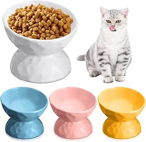 Bokon 4 Pcs Ceramic Raised Cat Bowl 6.8 oz Pet Food Bowl Anti Vomiting Pet Elevated Dog Feeder Tilted Cat Water Bowl Feeding Kitten Dishes for Small Dog Kitten(White, Yellow, Blue, Pink)