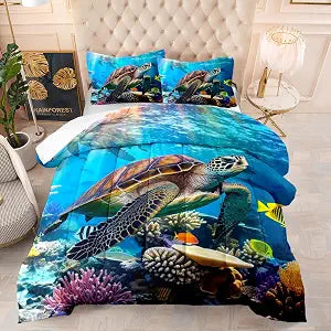 Deep Blue Sea Turtle 3pc Quilt Comforter Set Tropical Fish Kids Teens