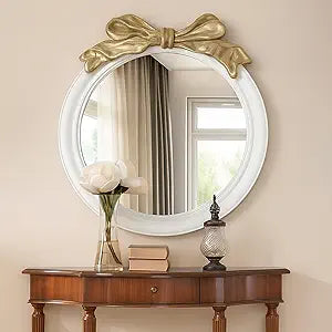 Antique Bow Round 26x26 inch Wall Mirror, White and Gold Bow Frame Circle Mirror for Wall Decor for Bathroom Sink, Living Room, Hallway & Bedroom