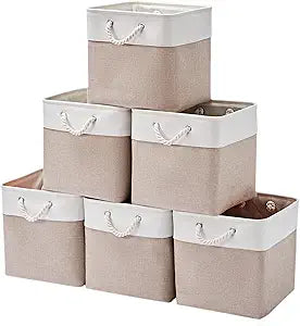 13 x 13 Inch Storage Cubes6 Pack Cube Storage Bins for ShelvesFabric Collapsible Storage Bins with Handles, Foldable Storage Basket for Organizing Clothes, Toys, Books (White&Beige)