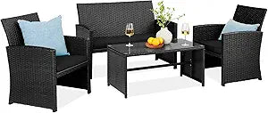 Best Choice Products 4-Piece Outdoor Wicker Patio Conversation Furniture Set for Backyard w/Coffee Table, Seat Cushions - Black/Black