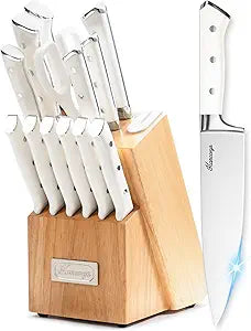 Knife Set, 15 Pcs Kitchen Knife Block Set, Enduring Ultra Sharp High Carbon German Stainless Steel Chef Knives Set with Built-In Sharpener, Full Tang Ergonomic Handle, White