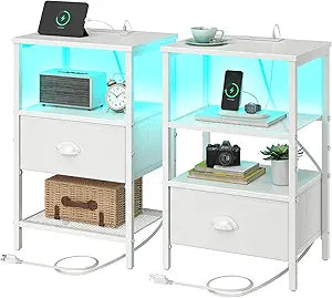 sthmec Nightstands Set of 2, LED Night Stands with Charging Station and Fabric Drawer, Bedside Tables with Drawers, 2- Tier LED Side Table End Table Charging Station Bedroom, White