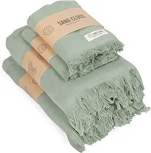 Sand Cloud Turkish Bath Towels Bundle for Bathroom, Set of 4 (Terra Sage) - Large Size - 100% Certified Organic Cotton Yarn is Lightweight, Soft & Absorbent - Premium Bath & Hand Towels Dry Faster