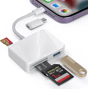 SD Card Reader for iPhone, Memory Card Reader with USB-C to Lightning Adapter Plug and Play Trail Game Camera Micro SD Card Viewer Support SD/TF/MS Card and USB Port for iPad Mac No App(White)