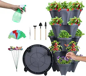 DUNCHATY Stackable Planter, Vertical Strawberry Planter with Garen Tool Set, Self Watering Garden Planter Indoor/Outdoor 5 Tier Herb Planter Pots for Growing Vegetables and Succulents, Dark Gray